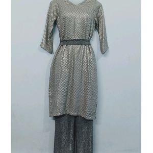 Sequence Dress Silver With Sparkle Belt And Plazzo