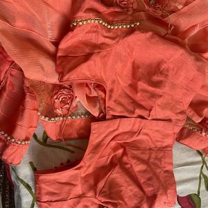 Peach Saree With Blouse (floral Border Throughout)