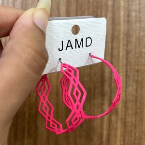 Fluorescent Pink Designed Hoop Earrings