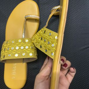 Biba (New) Yellow Embellished Open Toe Flats