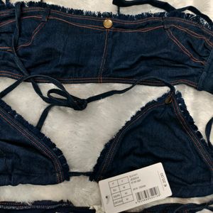 "Trendy Denim Three-Piece Bikini Set – For a Bold