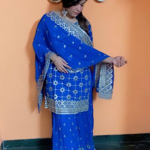 HEAVY PATI WORK  BLUE COLORED PADDED SHARARA SUIT