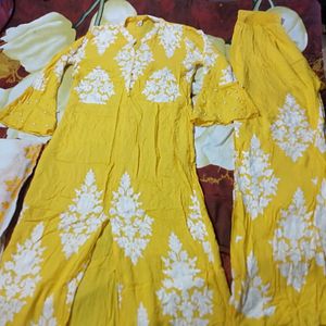 Front Cut Yellow Kurta Palazzo With Dupatta