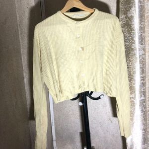 Yellow Cardigan Crop Sweater Full Sleeve