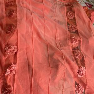 Peach Saree With Blouse (floral Border Throughout)