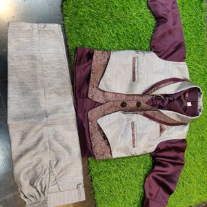 Boys' Wine Colour Shirt With Grey Vascoat And Pant