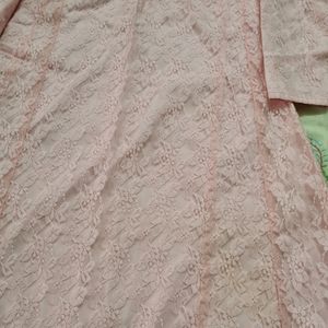 Pink net kurta with pearl buttons