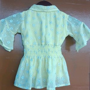 Yellow Bell Sleeves Top And Shorts Set For Girls