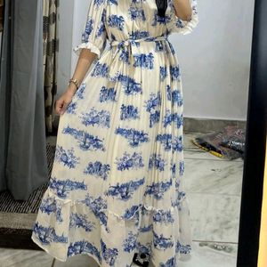 Off White Printed Georgette Long Maxi Dress