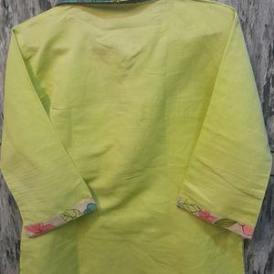 Lime Yellow Kurti With Multi Color Collared Neck