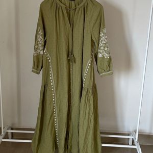 Floral Olive Embroidered Cotton Midi Shirt Dress