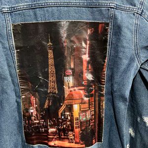 NUON PRINTED DISTRESSED BLUE  DENIM JACKET