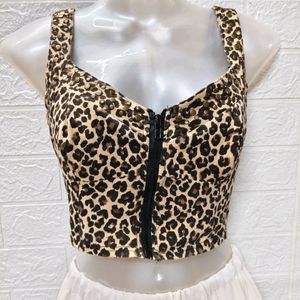 Zipper Corset Crop Top with Cheetah Print