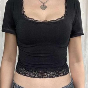 Women Y2k Lace Trim Crop Top