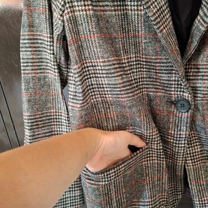 Grey Checked Wool Blend Coat