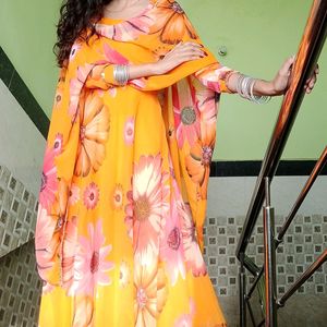 Floral Print Anarkali with Dupatta