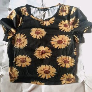 Shein Sunflower Black Fitted Crop Top Girl Xs Tee