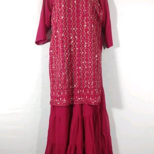 Rose Pink Embroidery Kurta With Sharara Set(Women)