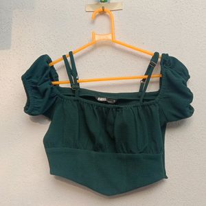 Green Offshoulder Puff Sleeve Croptop