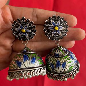 Hand Painted Blue Meenakari Big Jhumka