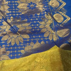 Blue And Gold Silk Blend Saree (5.5 Metres)