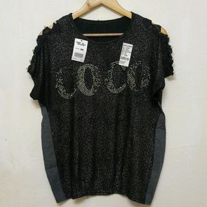 Trendy New Black Shinny Cold Shoulder Top