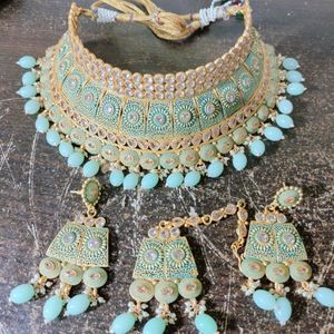 Mint Green Choker Set With Earrings And Mang Tika