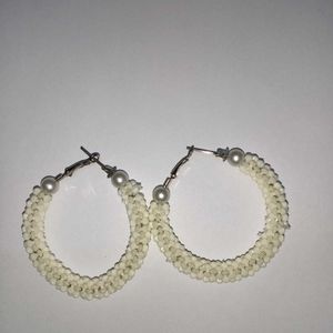 White Fancy Bead Hoop Earrings - Light Weigh