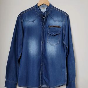 Gssture Denim Casual Shirt With Mandarin Collar