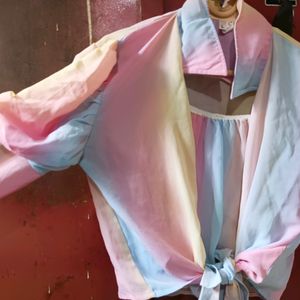 Unicorn Colour Crop Top With Puffes Sleeves Jacket