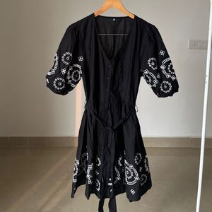 Balloon Puffed Sleeve Cutwork Embroidered Dress