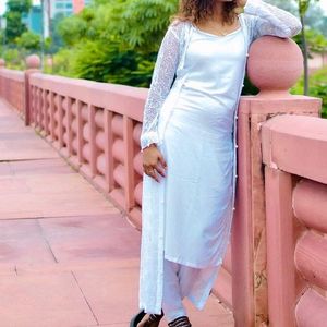 White Strappy Kurta With Shrug And Pants