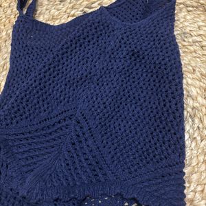 Navy Blue Cable Knit Self Design Crop Pullover Top