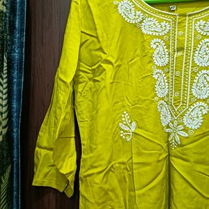 Chickenkari Work Lime Green Short Kurti XL Size