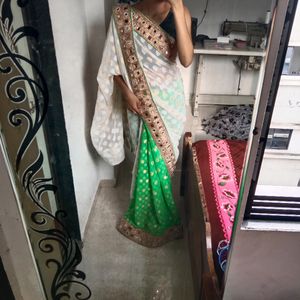 White And Green Heavy Saree