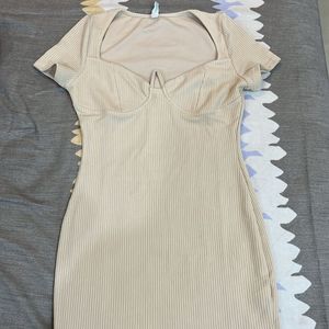 Beige Ribbed Bodycon Dress