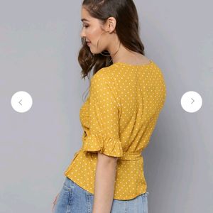 Harpa Yellow Wrap Top | Polka Dot Print | Size 38