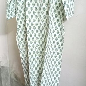 White And Green Printed Cotton Kurta