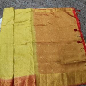 Silk Saree... Golden And Red Colour With Zari Work