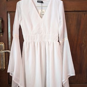 White A-line Dress with Bell Sleeves