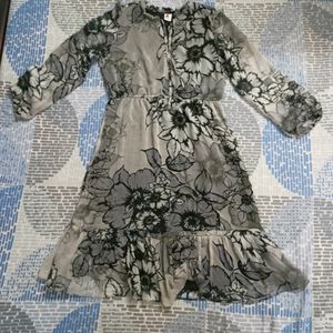Grey And Black Floral Printed Midi Dress