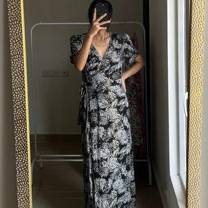 Palm Leaf Black Print Wrap Maxi Dress