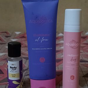 Aqualogica Moisturizer And Sunscreen.Plum Body Oil