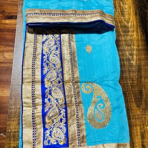 Golden Thread work Turquoise blue color saree