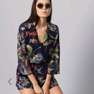 Navy Blue & Green Floral Print Playsuit