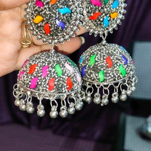 Silver Jhumka With Multi Colour Stone