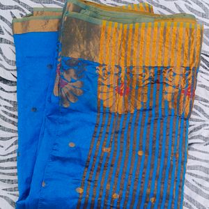 blue colour gold design saree