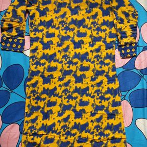 Yellow And Blue Colour Cotton Kurta