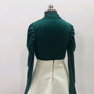 Bottle Green Wrap Up Puff Sleeve Crop Top