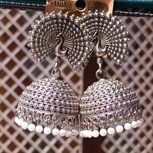 Silver Oxidised Jhumka Earrings.